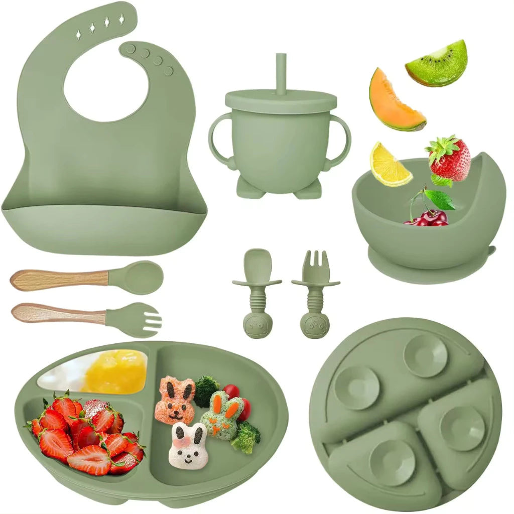 Kit 8 Talheres Infantil Com Ventosa Canudo Colher Babador Garfo